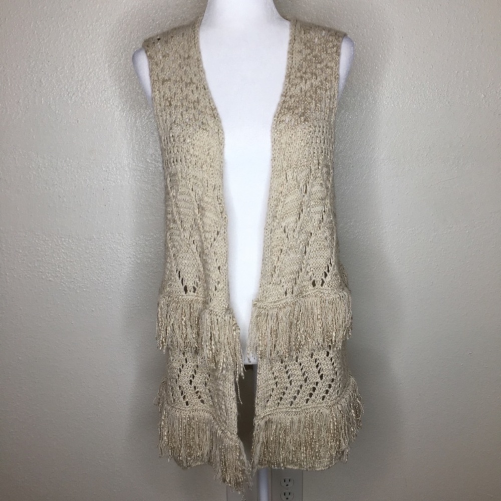 Umgee Boho Open Knit Fringe Vest in Beige S